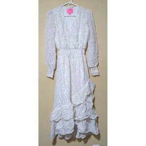 Lilly Pulitzer Coconut Cristiana Gold Metallic Polka Dot Midi Dress Sz 0 Ruffles